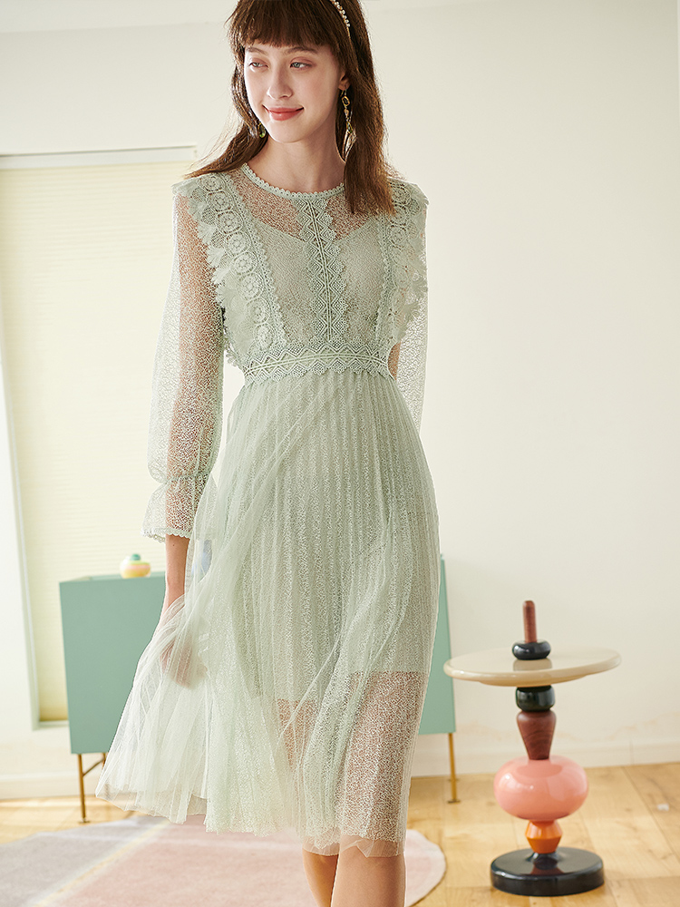 欧芮儿春夏装新款七分袖圆领蕾丝连衣裙女中长款网纱裙气质