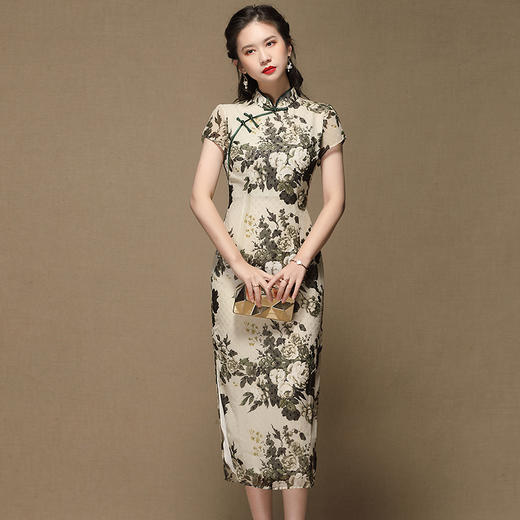 上海旗袍厂AYK-QF-200413-7雪纺印花短袖长旗袍立领修身复古连衣裙2021夏新品国潮优雅女装 商品图0