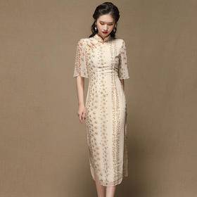 上海旗袍厂AYK-QF-200414雪纺小雏菊长款旗袍连衣裙改良立领短袖旗袍2021夏季国潮复古女装