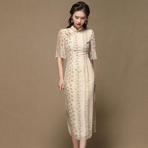 上海旗袍厂AYK-QF-200414雪纺小雏菊长款旗袍连衣裙改良立领短袖旗袍2021夏季国潮复古女装 商品图0