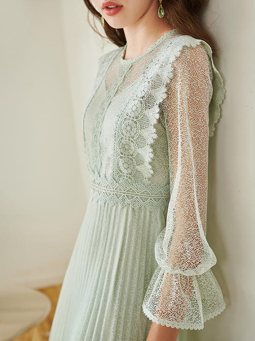 欧芮儿春夏装新款七分袖圆领蕾丝连衣裙女中长款网纱裙气质 商品图2
