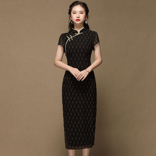 上海旗袍厂AYK-QF-200413雪纺菱格长款旗袍连衣裙传统立领短袖旗袍白女2021夏国潮复古女装 商品图2