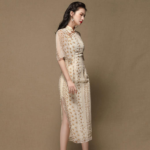 上海旗袍厂AYK-QF-200414雪纺小雏菊长款旗袍连衣裙改良立领短袖旗袍2021夏季国潮复古女装 商品图3