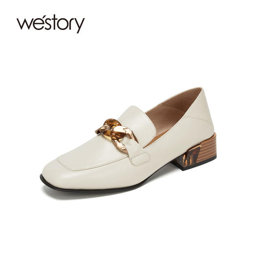 westory商场专柜同款2020秋季新品方头链条扣饰粗跟平底乐福鞋S20CM70511 商品图0