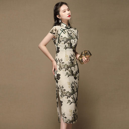 上海旗袍厂AYK-QF-200413-7雪纺印花短袖长旗袍立领修身复古连衣裙2021夏新品国潮优雅女装 商品图2
