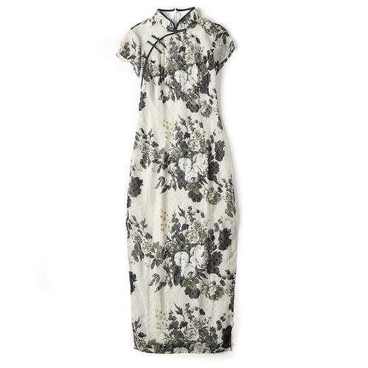 上海旗袍厂AYK-QF-200413-7雪纺印花短袖长旗袍立领修身复古连衣裙2021夏新品国潮优雅女装 商品图4