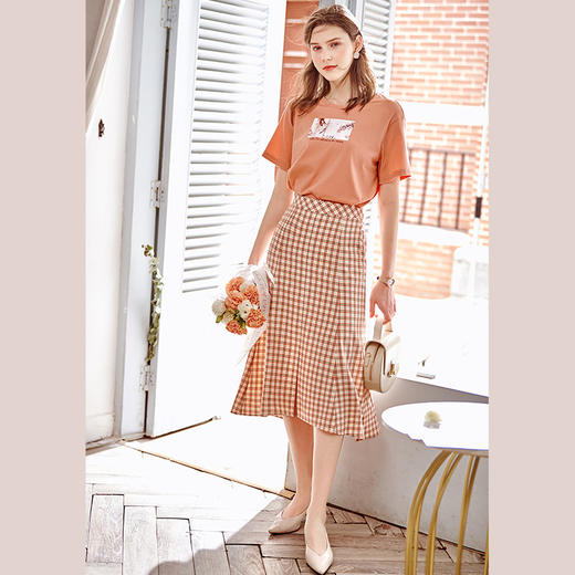 欧芮儿格子半身裙女2021春夏新款高腰显瘦时尚复古法式优雅鱼尾裙 商品图1