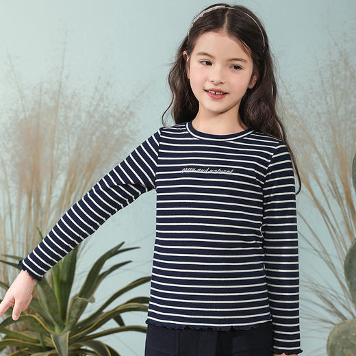 【防皱透气棉】mettekids童装条纹长袖T恤女童春新款荷叶边打底衫 商品图3
