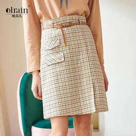 欧芮儿新款高腰显瘦格子半身裙女中长款洋气不规则包臀裙