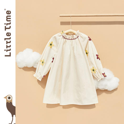 littletime童装杏仁黄连衣裙 2021春装新款花瓣领刺绣温柔长款裙 商品图1