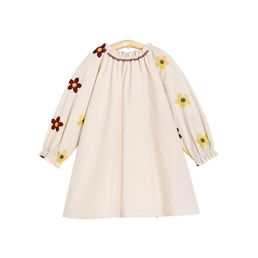 littletime童装杏仁黄连衣裙 2021春装新款花瓣领刺绣温柔长款裙 商品图3