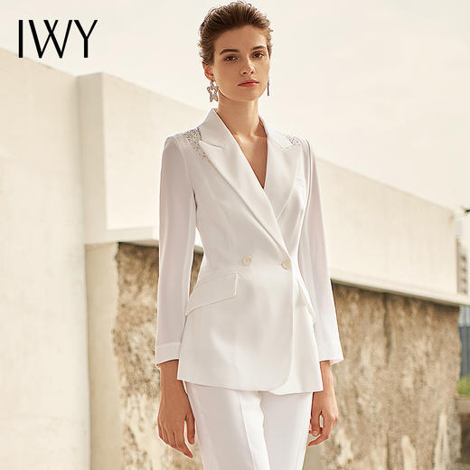 IWY/典雅白色西装西服套装女时尚微喇裤气质职业装修身通勤工作服正装cp9601 商品图1