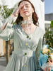 欧芮儿夏装新款V领长袖连衣裙女中长款轻熟风洋气百搭A字裙绿 商品缩略图3