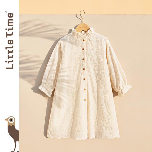 littletime童装法式绣花连衣裙 2021春装新款文艺杏衬衫中长裙 商品图1