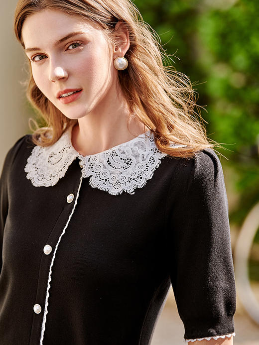 欧芮儿蕾丝针织开衫2021夏季新款女针织短袖打底衫洋气针织衫短款 商品图2