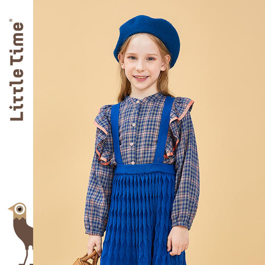 littletime女童格子衬衫 2021春装新款荷叶边格子学院风立领衬衣 商品图0