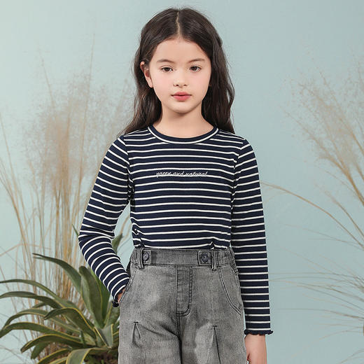 【防皱透气棉】mettekids童装条纹长袖T恤女童春新款荷叶边打底衫 商品图1