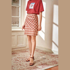 欧芮儿格子半身裙女2021春夏新款高腰显瘦气质堆褶斜边设计感裙子