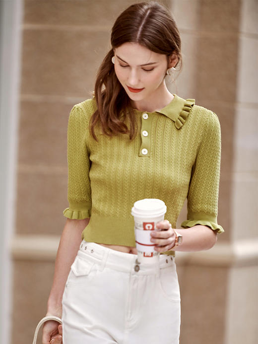 欧芮儿套头针织衫2021新款木耳边修身毛针织衫女薄款打底衫 商品图2