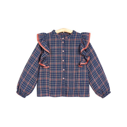 littletime女童格子衬衫 2021春装新款荷叶边格子学院风立领衬衣 商品图4