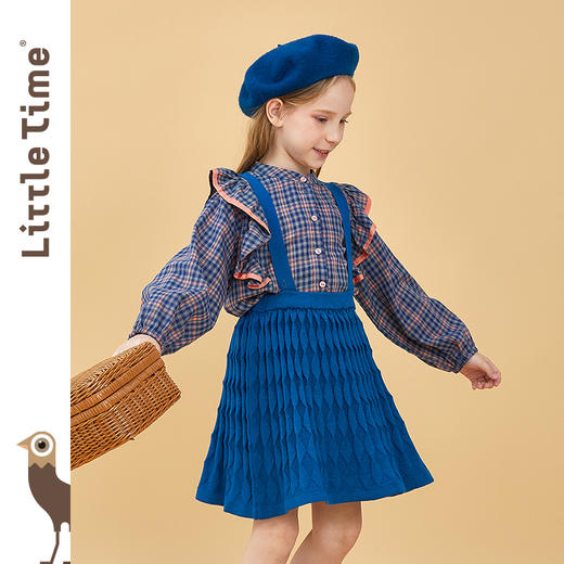 littletime童装孔雀蓝短裙 2021春装新款针织百褶复古背带裙两穿 商品图0