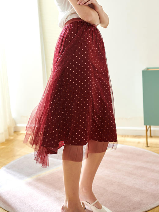 欧芮儿春装新款高腰波点半身裙女中长款复古网纱红色百褶裙 商品图2