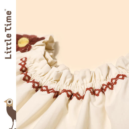 littletime童装杏仁黄连衣裙 2021春装新款花瓣领刺绣温柔长款裙 商品图2
