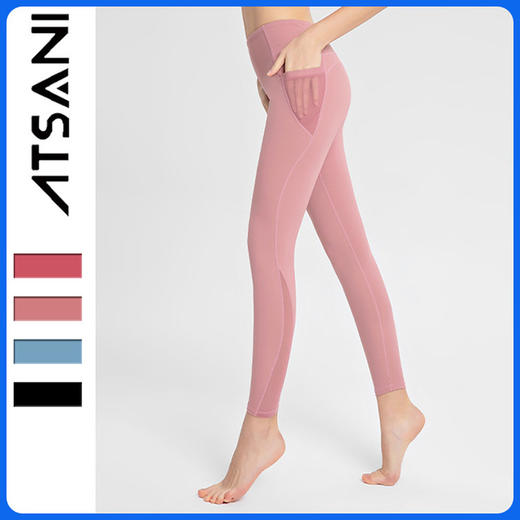 跨境热卖网纱口袋提臀瑜伽裤女 裸感超弹高腰紧身跑步健身裤 商品图1