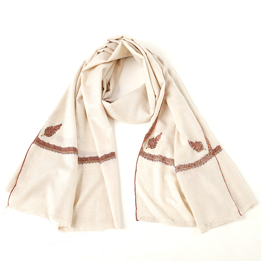 100cm宽 米白色 边绣 克什米尔pashmina羊绒围巾 - 2