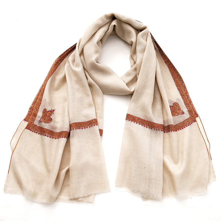 100cm宽 米白色 边绣 克什米尔pashmina羊绒围巾 - 1