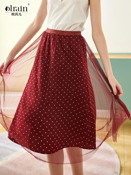 欧芮儿春装新款高腰波点半身裙女中长款复古网纱红色百褶裙 商品图0