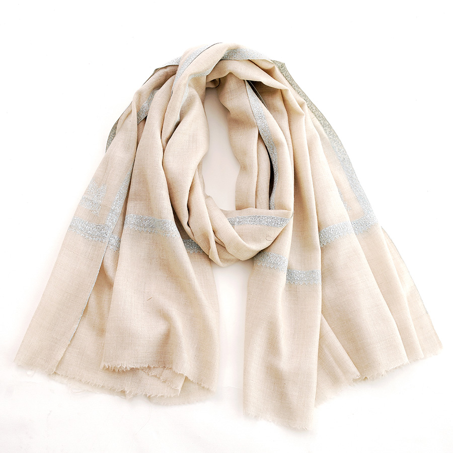 100cm宽 米白色 边绣 克什米尔pashmina羊绒围巾 - 1