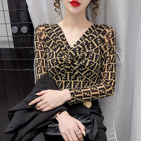 MZ-MZ9445春秋新款交叉V领豹纹修身显瘦打底衫