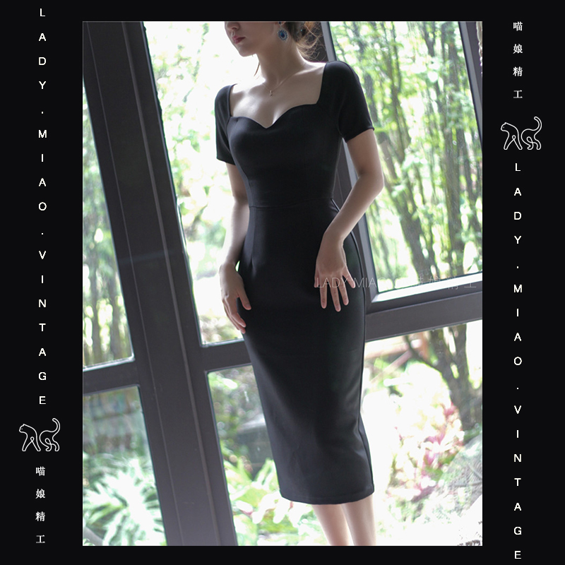 #806【复团】喵娘精工西西里的美丽传说malena莫妮卡黑色方领复古小黑裙连衣裙