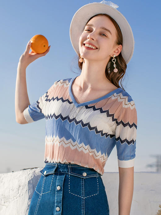 欧芮儿夏装新款V领短袖毛针织衫女拼色修身休闲上衣内搭打底 商品图0