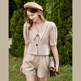 欧芮儿时尚套装春2021年新款女复古泡泡袖外套+A字时髦短裤两件套