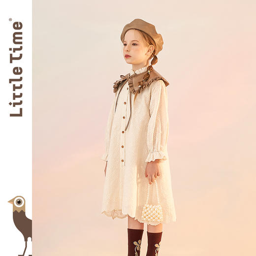 littletime童装法式绣花连衣裙 2021春装新款文艺杏衬衫中长裙 商品图0