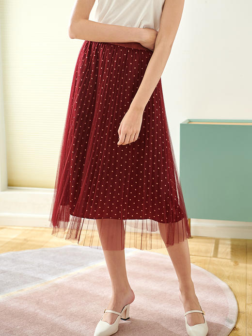 欧芮儿春装新款高腰波点半身裙女中长款复古网纱红色百褶裙 商品图1