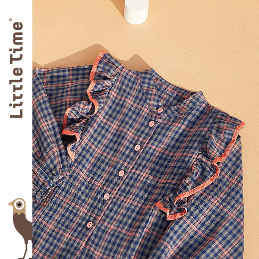 littletime女童格子衬衫 2021春装新款荷叶边格子学院风立领衬衣 商品图2