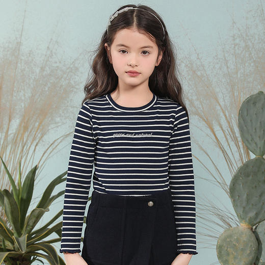 【防皱透气棉】mettekids童装条纹长袖T恤女童春新款荷叶边打底衫 商品图2