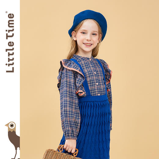littletime女童格子衬衫 2021春装新款荷叶边格子学院风立领衬衣 商品图1