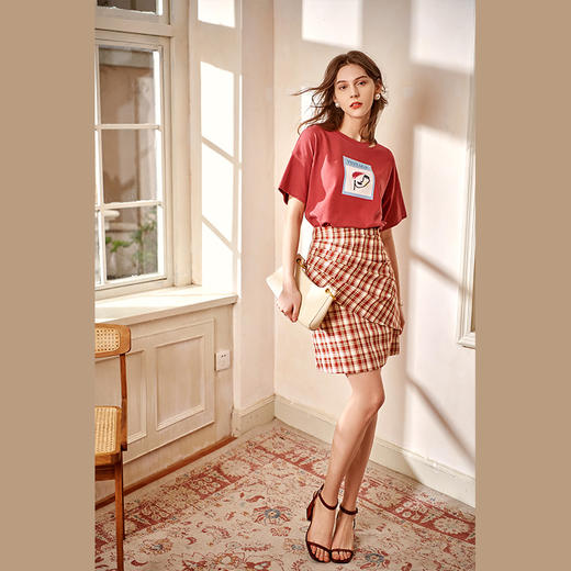 欧芮儿格子半身裙女2021春夏新款高腰显瘦气质堆褶斜边设计感裙子 商品图2
