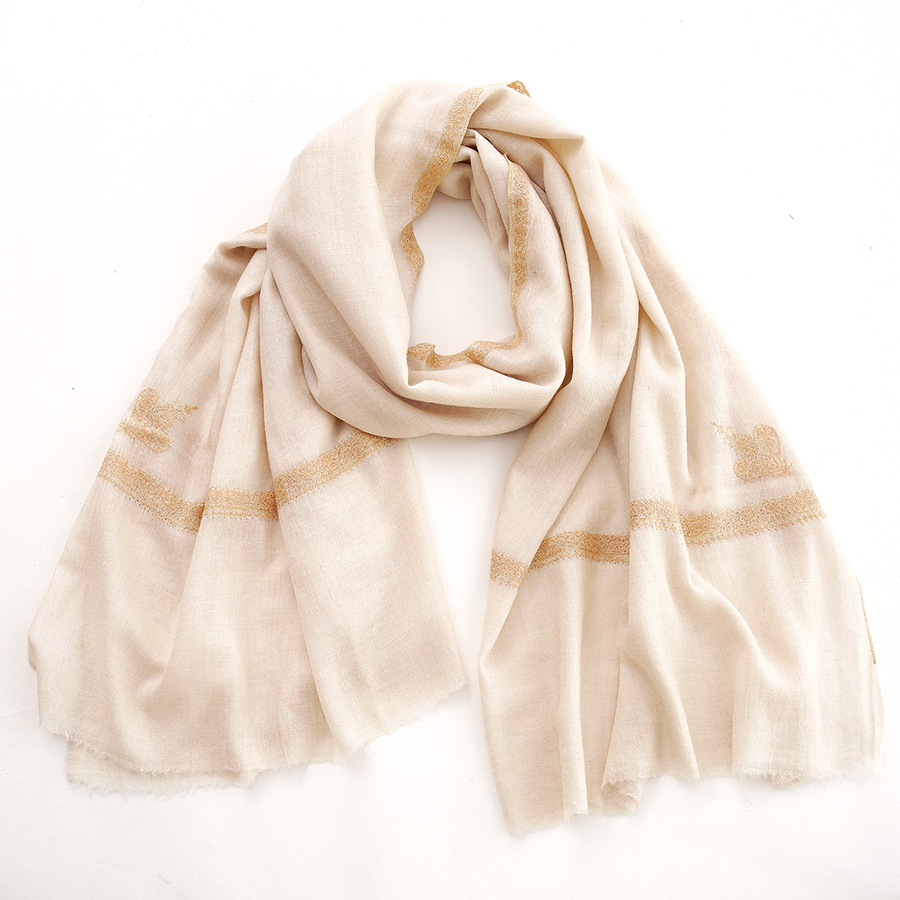 100cm宽 米白色 边绣 克什米尔pashmina羊绒围巾 - 1
