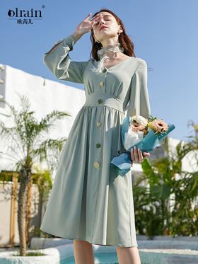 欧芮儿夏装新款V领长袖连衣裙女中长款轻熟风洋气百搭A字裙绿