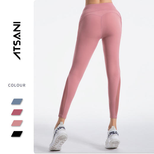 跨境热卖网纱口袋提臀瑜伽裤女 裸感超弹高腰紧身跑步健身裤 商品图0