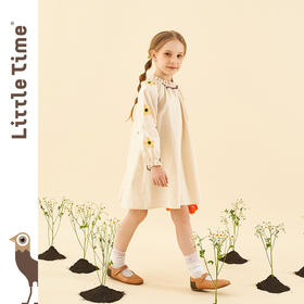 littletime童装杏仁黄连衣裙 2021春装新款花瓣领刺绣温柔长款裙
