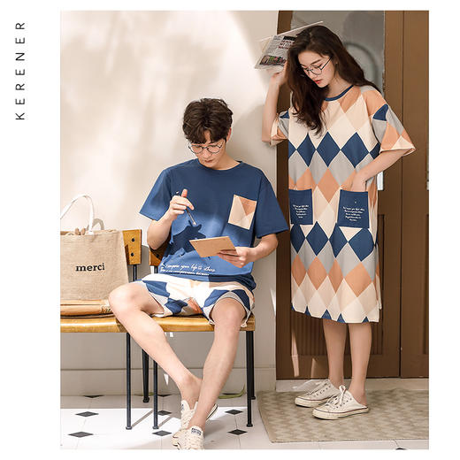 可人儿纯棉情侣睡衣女夏季短袖短裤ins风外穿睡裙女家居服男套装 商品图0