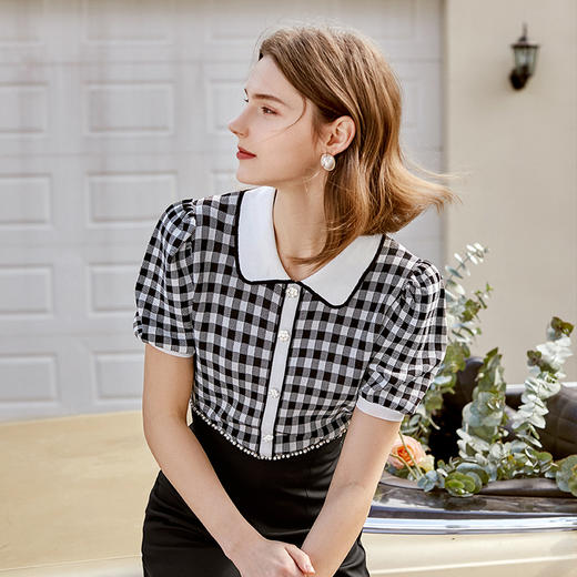 欧芮儿娃娃领针织衫女2021春夏新款复古格子洋气泡泡袖短袖上衣 商品图2