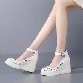 【预售5天】英伦风花朵镂空，坡跟内增高浅口高跟凉鞋HX-5561