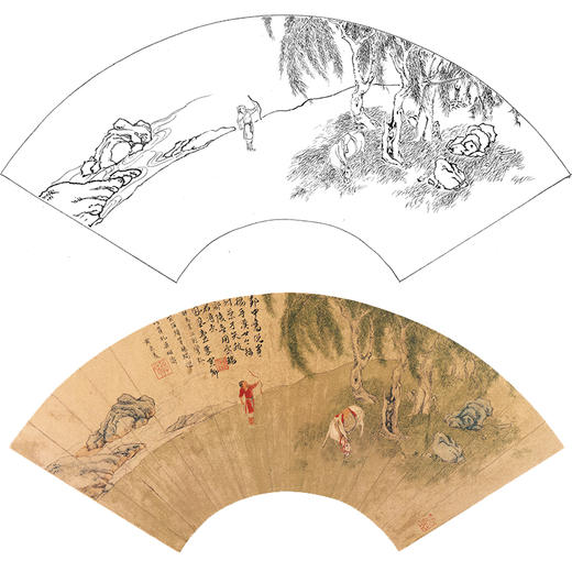 工笔画白描底稿 山水人物扇面小品 明 仇英-《解马弯弓图》-多种白描尺寸可选-SR06 商品图0